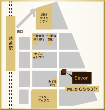 埼玉県越谷市越谷1-10-1-102。越谷駅東口から徒歩3分にあるサロンです。